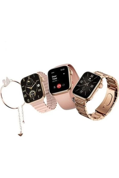 Premium Seri G9 Mini Plus 3 Kordon+Bileklik Hediyeli Bluetoothlu Rose Gold Kadın Akıllı Saat - Resim 3