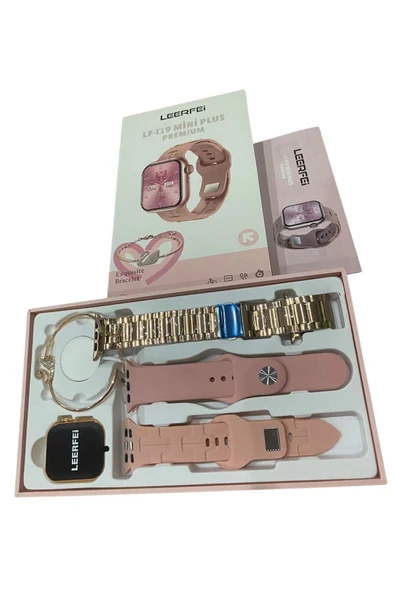 Premium Seri G9 Mini Plus 3 Kordon+Bileklik Hediyeli Bluetoothlu Rose Gold Kadın Akıllı Saat - Resim 2