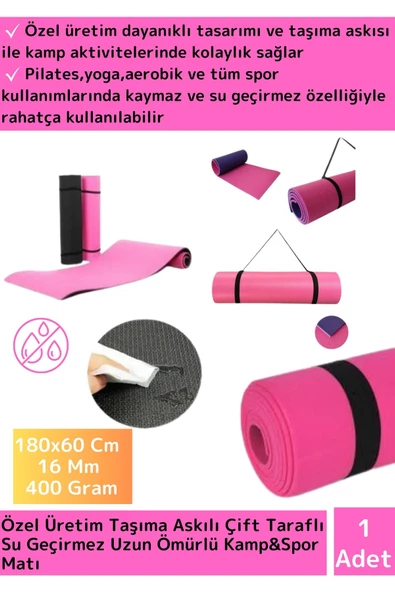 Premium Çift Taraflı Su Geçirmez Taşıma Askılı Kamp  Uyku Matı Minder Yoga Pilates Pembe 16 Mm