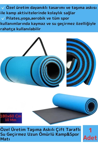 Özel Üretim Taşıma Askılı Çift Taraflı Kaymaz Su Geçirmez Pilates Kamp Fitness Yoga Matı Mavi 10 Mm