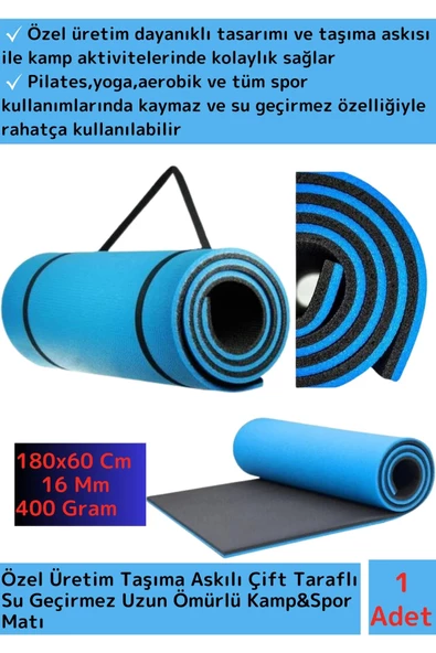 Premium Taşıma Askılı Çift Taraflı Kaymaz Su Geçirmez Pilates Kamp Fitness Yoga Matı Mavi 16 Mm