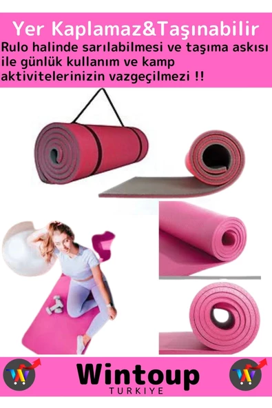 Özel Model Taşıma Askılı Çift Taraflı Kaymaz Su Geçirmez Pilates Kamp Fitness Yoga Matı Pembe 16 Mm - 2