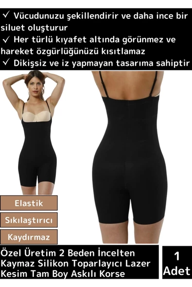 Premium İz Göstermeyen 2 Beden İncelten Kaymaz Silikon Lazer Kesim Tam Boy Askılı Korse Siyah L/XL