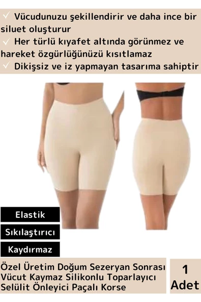 Özel Sezeryan Doğum Sonrası Kaymaz Silikonlu Toparlayıcı Selülit Önleyici Paçalı Korse Ten Renk L/XL