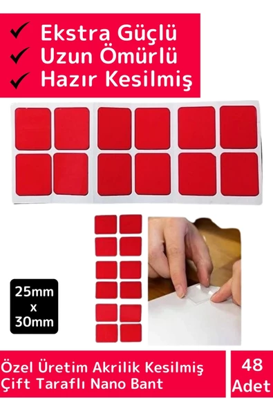 Özel Üretim Ekstra Güçlü Akrilik Çift Taraflı Hazır Kesilmiş 25x30 Mm Montaj Bandı 48'li ürün görseli 1
