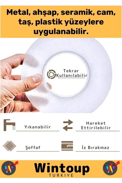 Premium Seri Ultra Süper Güçlü Yüksek Mukavemetli Nano Çift Taraflı Doku Şeffaf Bant 3 Metre - 4