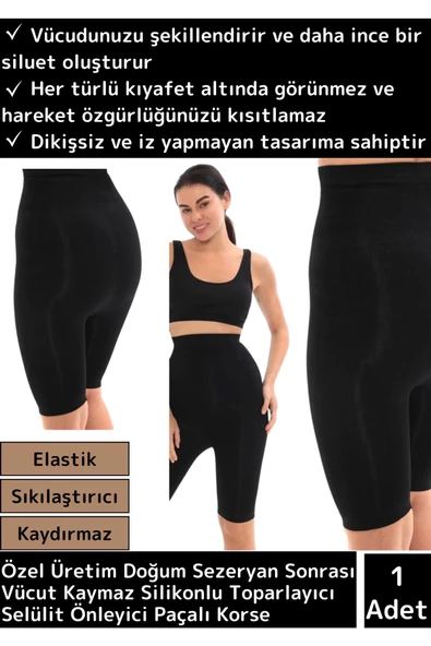 Premium Sezeryan Doğum Sonrası Kaymaz Silikonlu Toparlayıcı Selülit Önleyici Paçalı Korse Siyah S/M