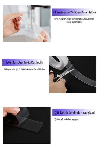 Özel Üretim Ultra Süper Güçlü Yüksek Mukavemetli Nano Çift Taraflı Doku Şeffaf Bant 3 Metre 10 Adet - 5