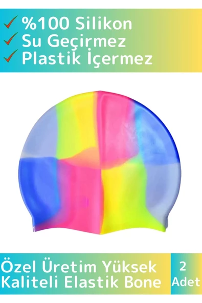 Özel Üretim Su Geçirmez Silikon Yüzücü Havuz&Deniz Bonesi Elastik Yüzme Şapkası Renkli 2 Adet - 1