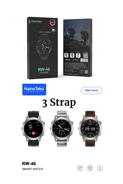 RW 46 Large Amoled Sport Watch With Torch Black Edition Wireless Charge 3 Strap Premium Series ürün görseli