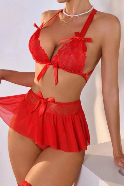 Kırmızı Yüksek Bel Etekli Büyük Beden İç Çamaşır Takımı 16066 -KOTYORATICARET