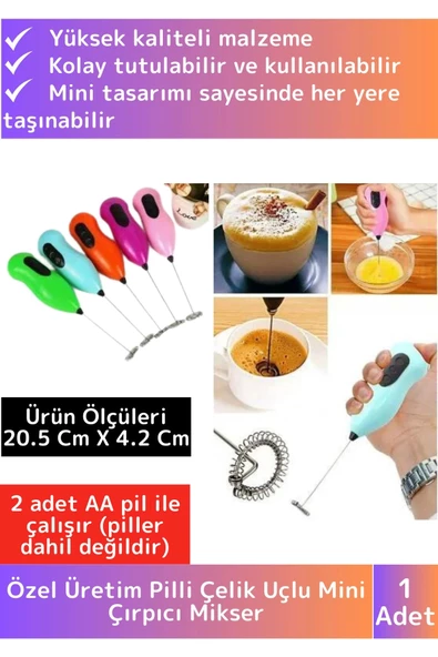 Özel Çelik Uçlu Pilli Soğuk Kahve Süt Köpürtücü Sos Krema Mama Yumurta Çırpıcı Mini Mikser Mixer ürün görseli