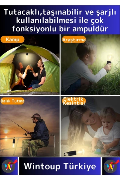 Premium 3 Modlu Suya Dayanıklı Kablosuz Askılı Kırılmaz Kamp Aydınlatma Şarjlı Taşınabilir LED Ampul - 2