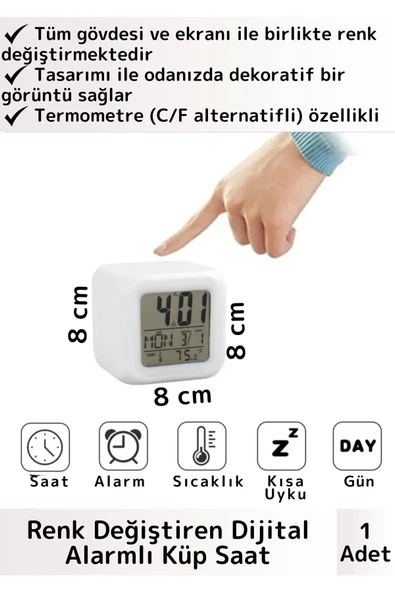 Premium Dekoratif Küp Termometre Takvimli 7 Renk Değiştiren Dijital Alarmlı Küp Masa Çalar Saat ürün görseli