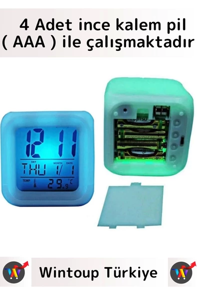Premium Dekoratif Küp Termometre Takvimli 7 Renk Değiştiren Dijital Alarmlı Küp Masa Çalar Saat - Resim 3