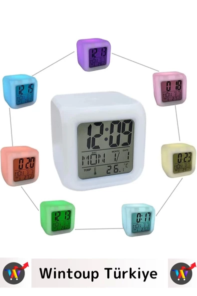 Premium Dekoratif Küp Termometre Takvimli 7 Renk Değiştiren Dijital Alarmlı Küp Masa Çalar Saat - Resim 4