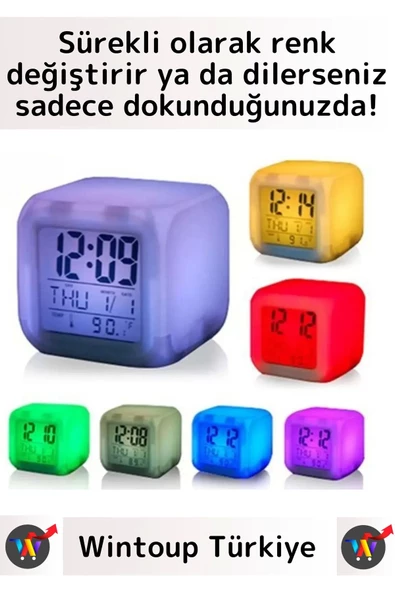 Premium Dekoratif Küp Termometre Takvimli 7 Renk Değiştiren Dijital Alarmlı Küp Masa Çalar Saat - Resim 2