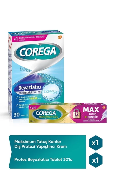 COREGA Max Tutuş & Konfor Diş Protezi Yapıştırıcı 40gr Protez Beyazlatıcı Tablet 30'lu