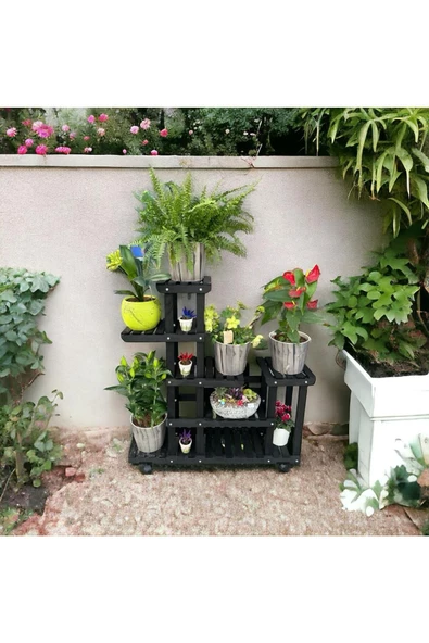 VEHER Ahşap (Çam) SİYAH Renk 6 Katlı Bitki Standı, Kilitlenebilir Tekerlekler + Mini Bahçe Seti - 4
