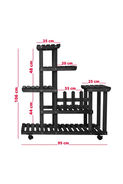 VEHER Ahşap (Çam) SİYAH Renk 6 Katlı Bitki Standı, Kilitlenebilir Tekerlekler + Mini Bahçe Seti - 5
