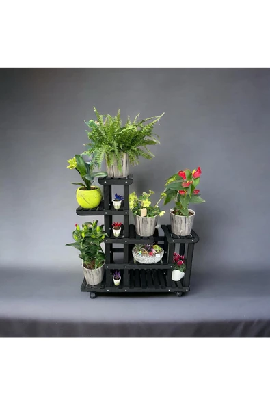 VEHER Ahşap (Çam) SİYAH Renk 6 Katlı Bitki Standı, Kilitlenebilir Tekerlekler + Mini Bahçe Seti - 2