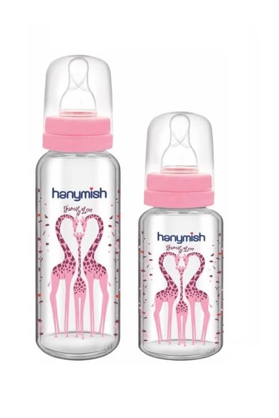 HANYMİSH Kız Bebek Pembe Hanymısh Yuvarlak Silikon Uçlu Cam Biberon 240 ml+125 ml