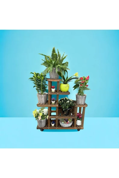 VEHER Ahşap (Çam) CEVİZ Renk 6 Katlı Bitki Standı, Kilitlenebilir Tekerlekler + Mini Bahçe Seti - 3