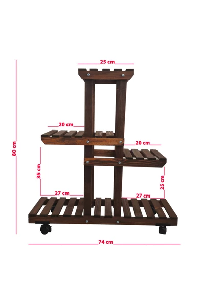 VEHER Ahşap (Çam) ALTIN VARAK Renk 4 Katlı Bitki Standı, Kilitlenebilir Tekerlekler + Mini Bahçe Set - 4