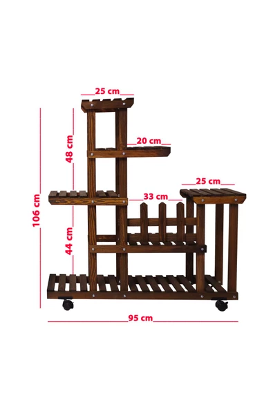 VEHER Ahşap (Çam) ALTIN VARAK Renk 6 Katlı Bitki Standı, Kilitlenebilir Tekerlekler + Mini Bahçe Seti - 4