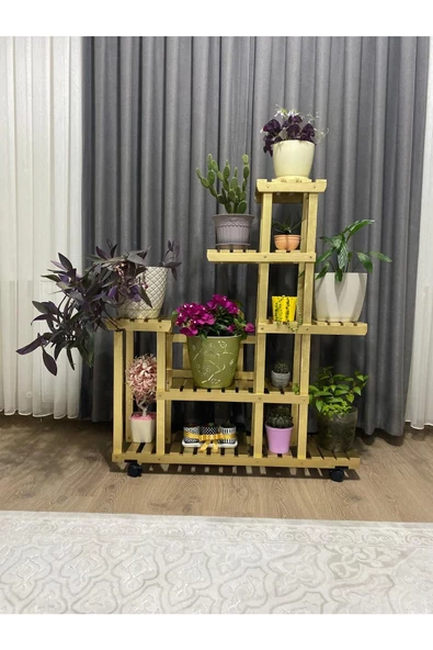 VEHER Ahşap (Çam) ALTIN VARAK Renk 6 Katlı Bitki Standı, Kilitlenebilir Tekerlekler + Mini Bahçe Seti - 2