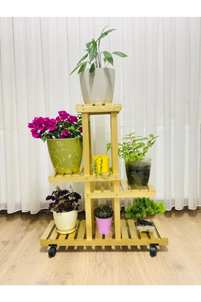 VEHER Ahşap (Çam) ALTIN VARAK Renk 4 Katlı Bitki Standı, Kilitlenebilir Tekerlekler + Mini Bahçe Set - 3