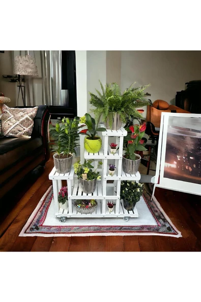 VEHER Ahşap Çam BEYAZ 6 Katlı Bitki Standı Kilitli Tek.+ Mini Bahçe Seti + My Bead Kokulu Vegan Mum 50 cc - 5