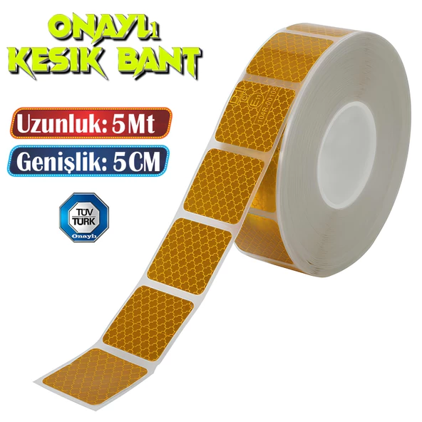 Tüvtürk Onaylı 5 Metre Sarı Parçalı Reflektörlü Reflektif Fosforlu Şerit Bant Kesikli İkaz Bandı