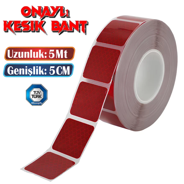Tüvtürk Onaylı 5 Metre Kırmızı Parçalı Reflektörlü Reflektif Fosforlu Şerit Bant Kesikli İkaz Bandı ürün görseli