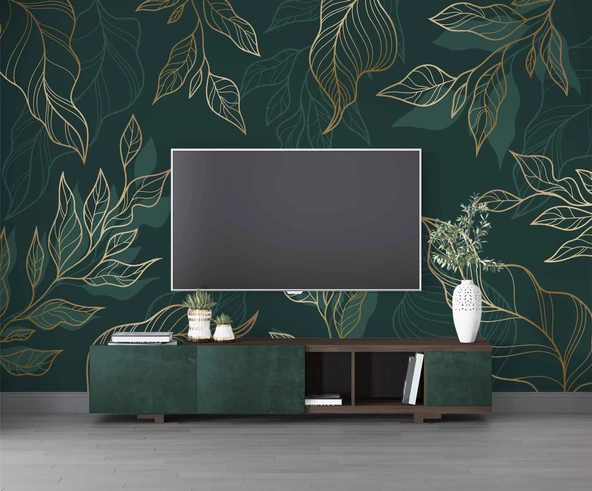 Altın Çizgili Yeşil Yaprak Duvar Kağıdı - Resim 3