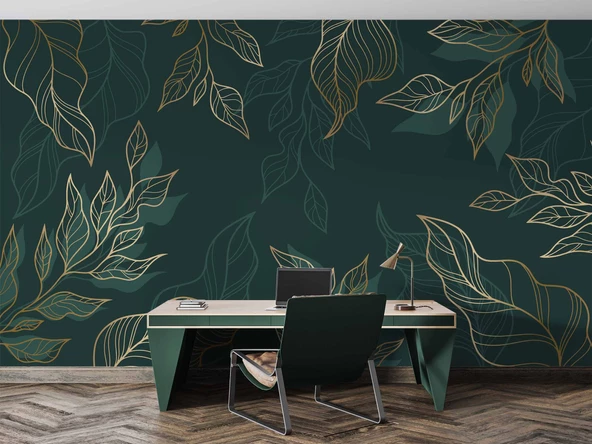 Altın Çizgili Yeşil Yaprak Duvar Kağıdı - Resim 4