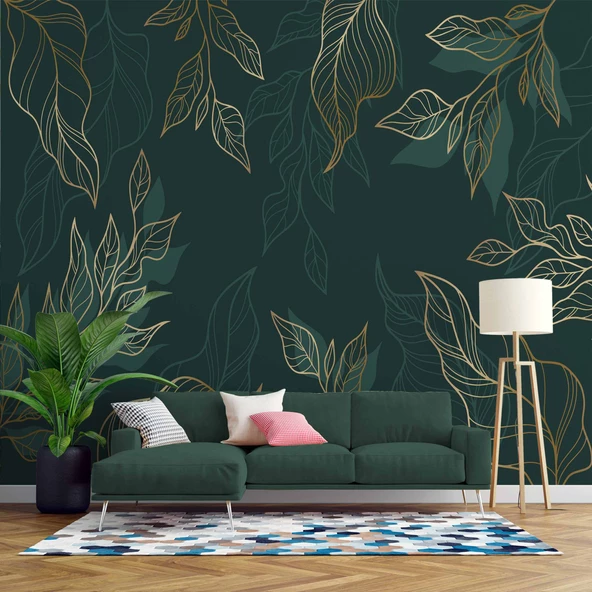 Altın Çizgili Yeşil Yaprak Duvar Kağıdı ürün görseli