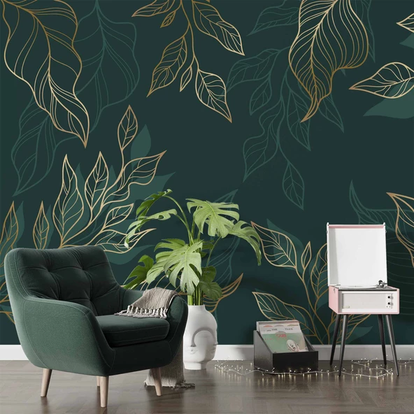 Altın Çizgili Yeşil Yaprak Duvar Kağıdı - Resim 6