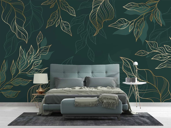 Altın Çizgili Yeşil Yaprak Duvar Kağıdı - Resim 2