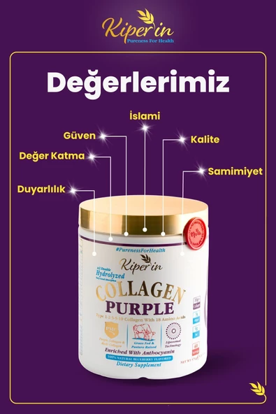 Kiperin Collagen %100 Saf ve Doğal Mor & Çoklu Kolajen Peptitleri içeren Lipozomal Teknoloji Diyet Takviyesi (576gr) 43516 - 5