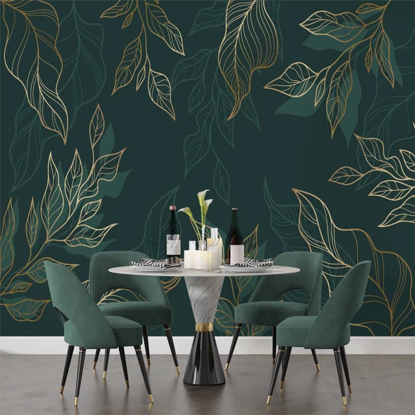 Altın Çizgili Yeşil Yaprak Duvar Kağıdı - Resim 5