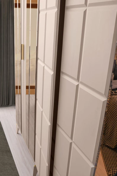 Helsinki Gardırop-mdf-kum Beji-240x60x220cm-6 Kapak-aynalı Kapak-ücretsiz Nakliye Ve Montaj - 5