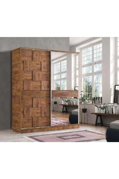 Pamukkale 180 X 59 X 212 Sürgülü Dolap-ceviz-aynalı-ücretsiz Nakliye Montaj - 2