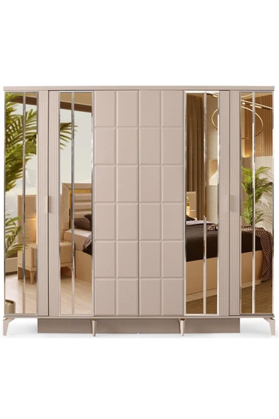 Helsinki Gardırop-mdf-kum Beji-240x60x220cm-6 Kapak-aynalı Kapak-ücretsiz Nakliye Ve Montaj