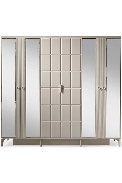 Paris Gardırop-mdf-kum Beji-230x58x210cm-6 Kapak-aynalı Kapak-ücretsiz Nakliye Ve Montaj