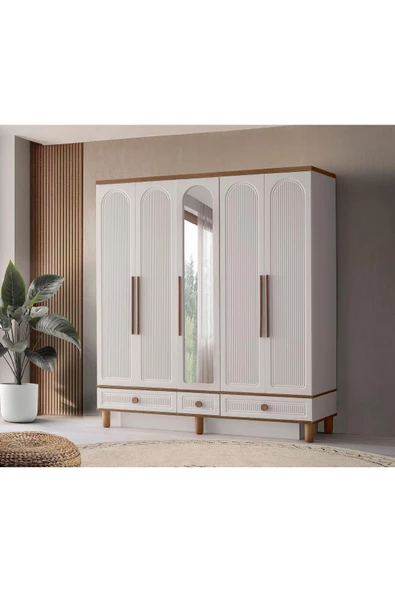 Ücretsiz Montaj-%100 MDF-Aytaşı-Bohem Mahlas 5 kapaklı Aynalı Gardırop - 3