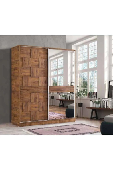 Pamukkale 160 X 59 X 212 Sürgülü Dolap-ceviz-aynalı-ücretsiz Nakliye Montaj - 2