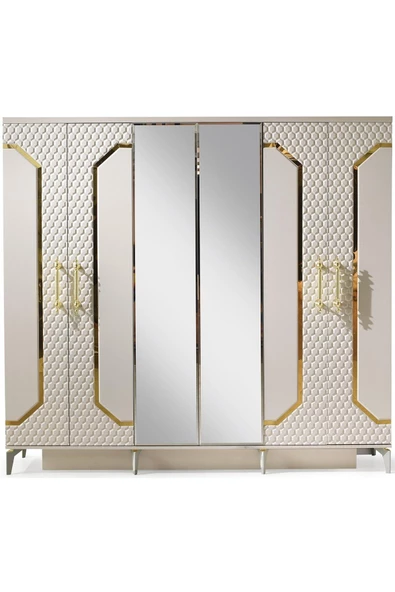 Milano Gardırop-mdf-kum Beji-230x58x210cm-6 Kapak-aynalı Kapak-ücretsiz Nakliye Ve Montaj