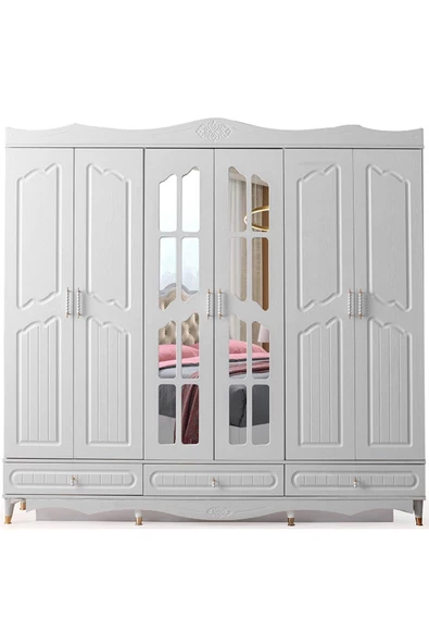 Riga Gardırop-mdf-beyaz-240x60x220cm-6 Kapak-aynalı Kapak-ücretsiz Nakliye Ve Montaj