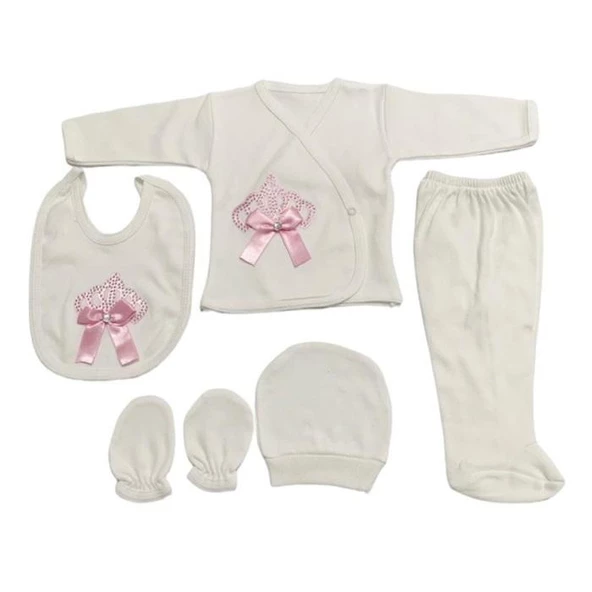 Kız Bebek Zıbın Seti, Pembe 5 Parça Taç İşlemeli Penye Yenidoğan Hastane Çıkış Seti